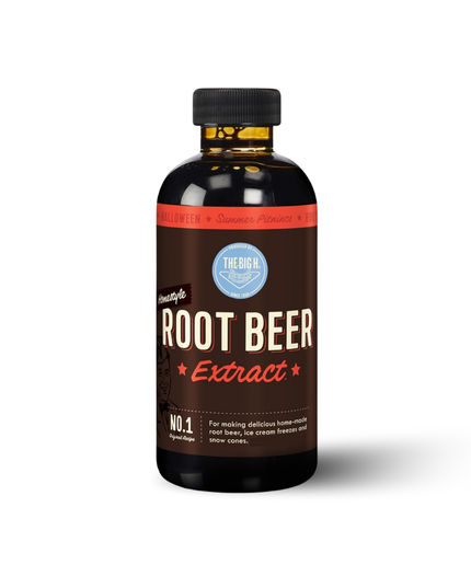 Amber bottle of Hires Root Beer Extract for homemade root beer with creamy sarsaparilla and vanilla flavor