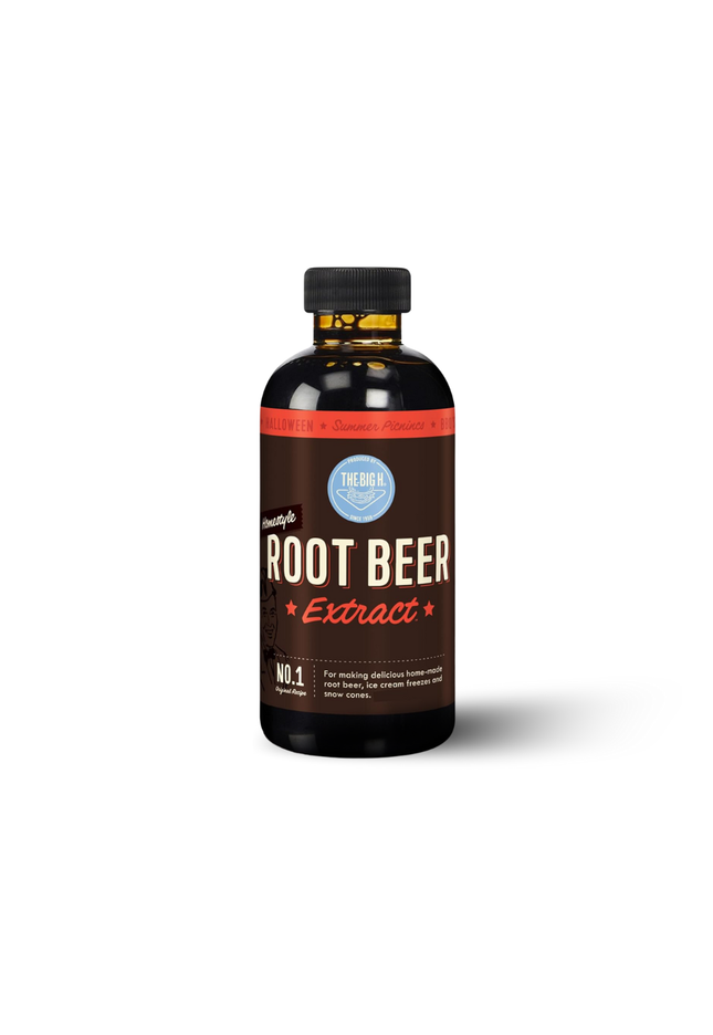 Amber bottle of Hires Root Beer Extract for homemade root beer with creamy sarsaparilla and vanilla flavor